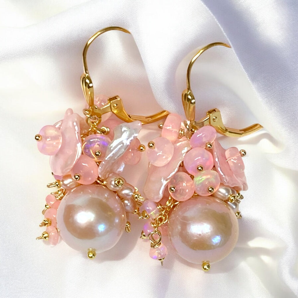 Pink Pearl Ethiopian Opal Cluster Bridal Earrings Gold Fill