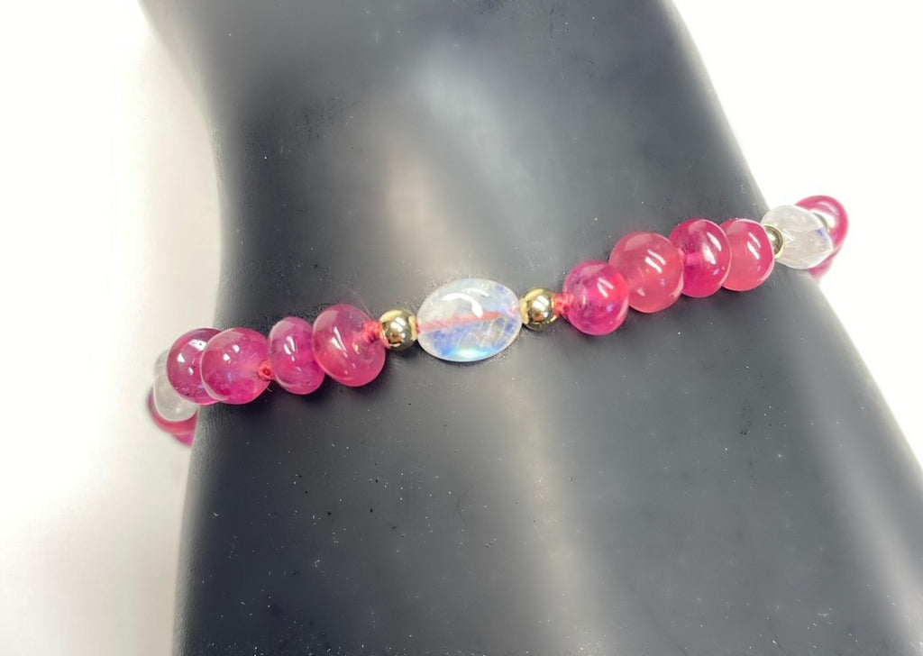 Pink Sapphire and Rainbow Moonstone Silk Knot Bracelet