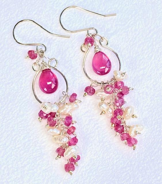 Pink Sapphire and Keishi Pearl Chandelier Hoop Earrings Sterling Silver - Doolittle