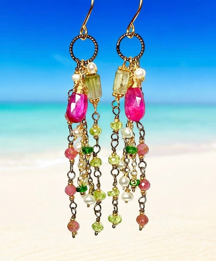 Pink Sapphire, Peridot and Tourmaline Gemstone Long Dangle Earrings