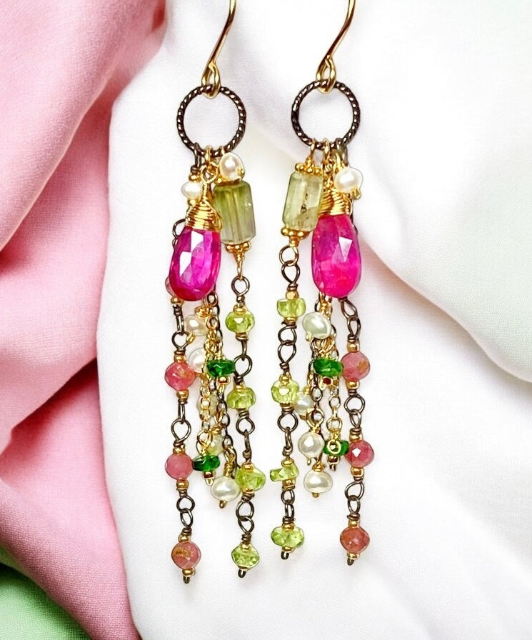 Pink Sapphire, Peridot and Tourmaline Gemstone Long Dangle Earrings