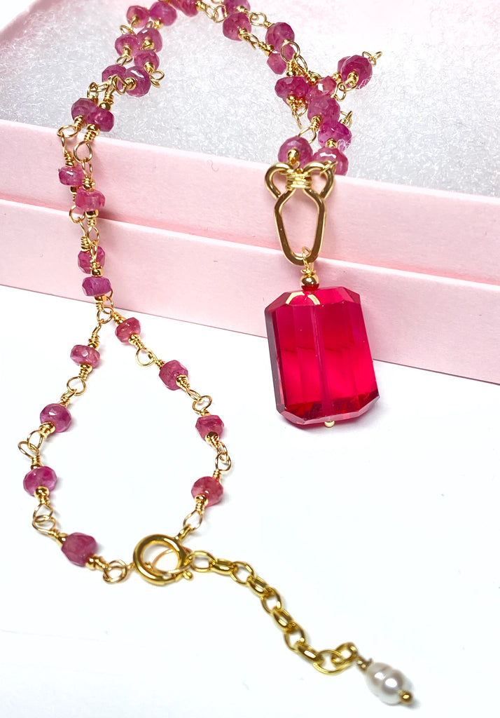 Pink Sapphire Gold Fill/Rose Gold Wire Wrap Necklace Rosary Style Rubellite Pendant