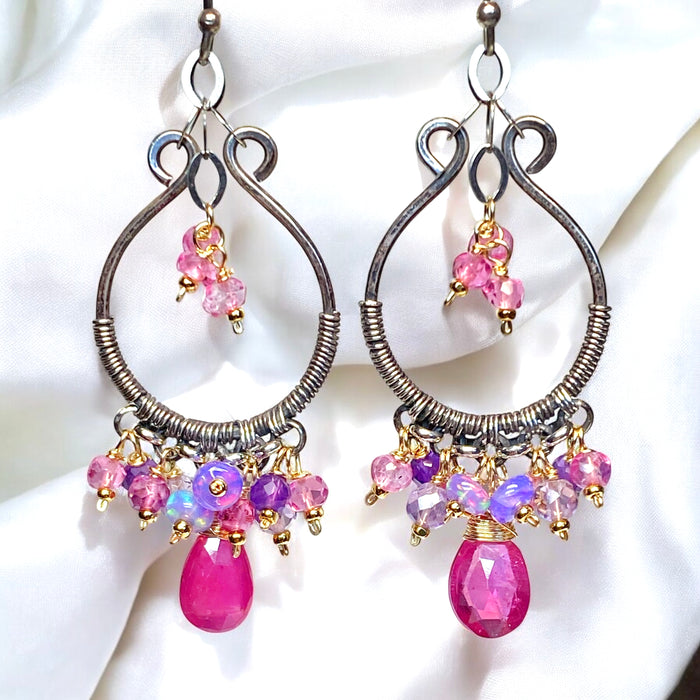Oxidized Silver Hoop Chandelier Earrings, Pink Sapphire, Mixed Metals 2