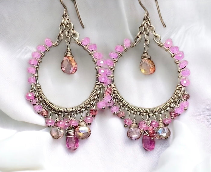 Pink Sapphire Chandelier Hoop Earrings in Oxidized Sterling Silver