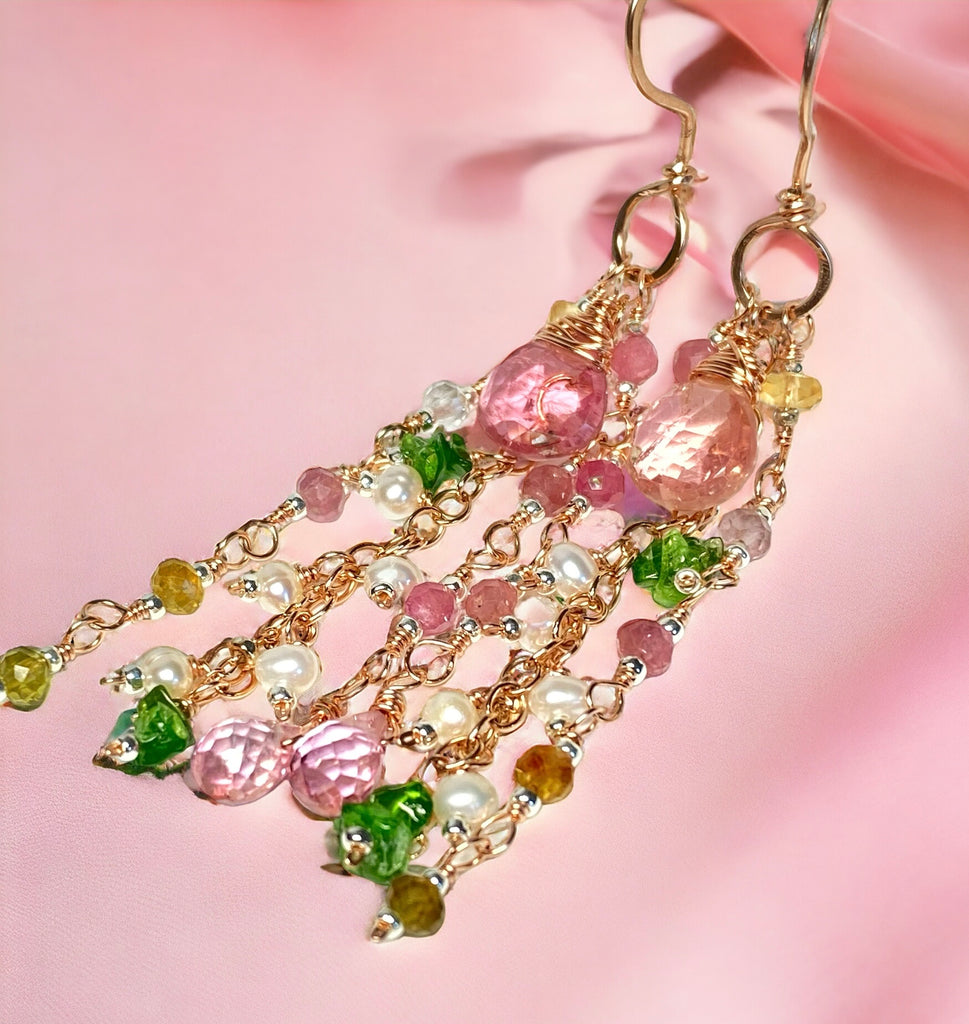 Pink Tourmaline Gemstone Rose Gold Long Dangle Earrings 2