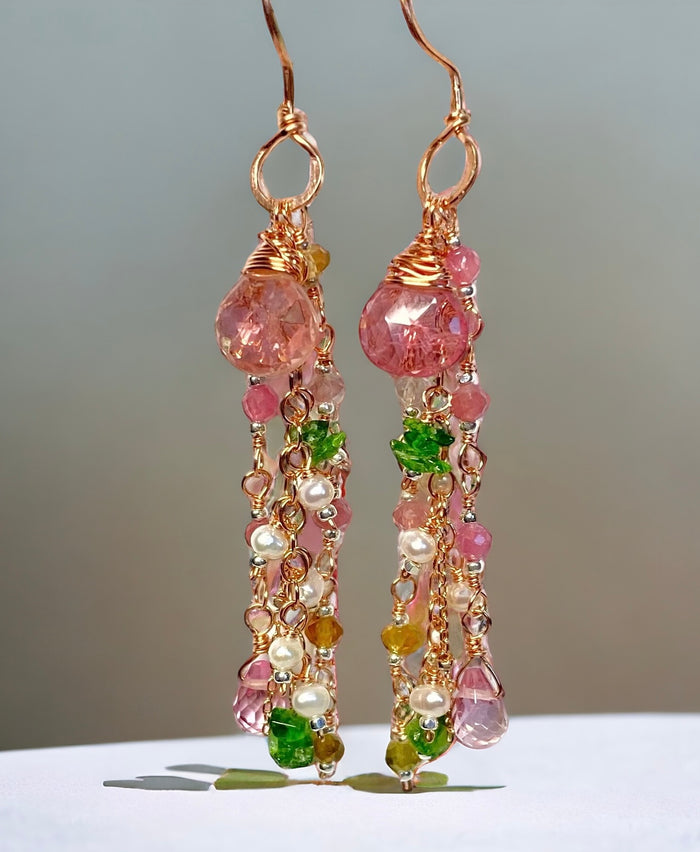 Pink Tourmaline Rose Gold Long Dangle Earrings — Pink Topaz, Pearl & Chrome Diopside - Doolittle