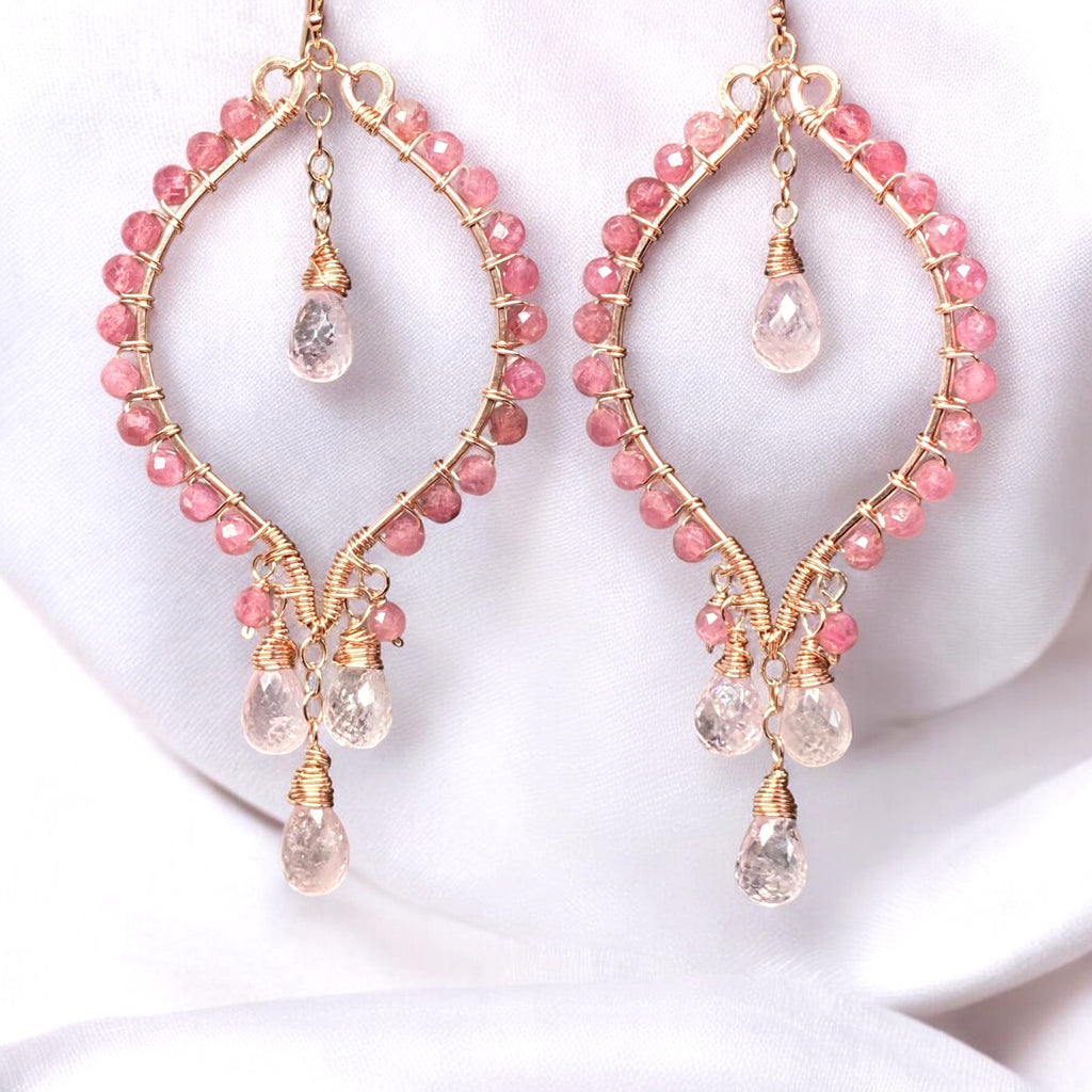 Pink Tourmaline and Morganite Rose Gold Hoop Chandelier Earrings