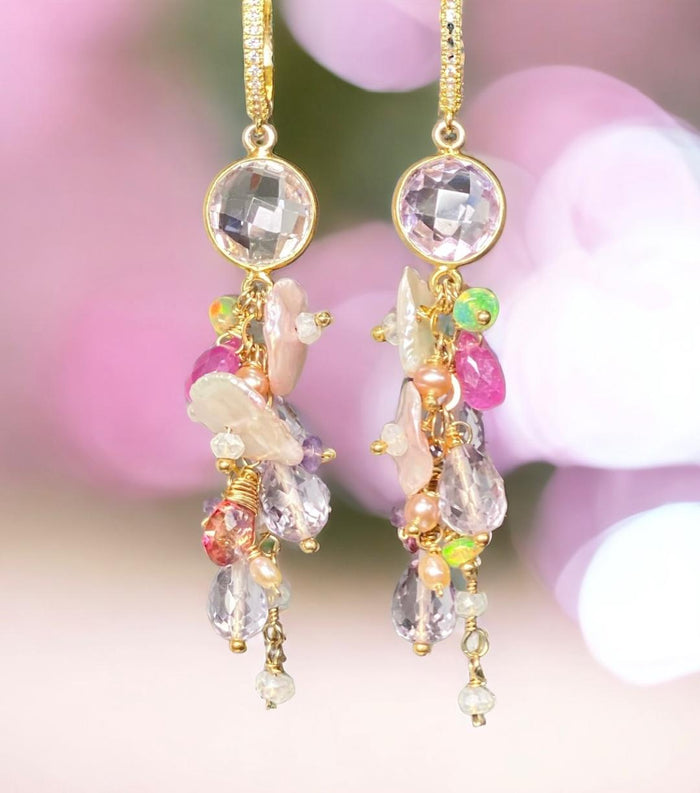 Keishi Pearl Pastel Pink Lavender Cascade Wedding Earrings