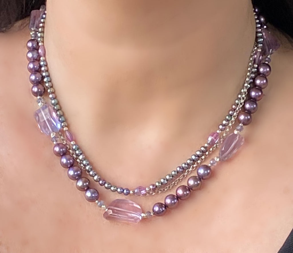 Amethyst and Pearl Multi-Strand Triple Strand Necklace