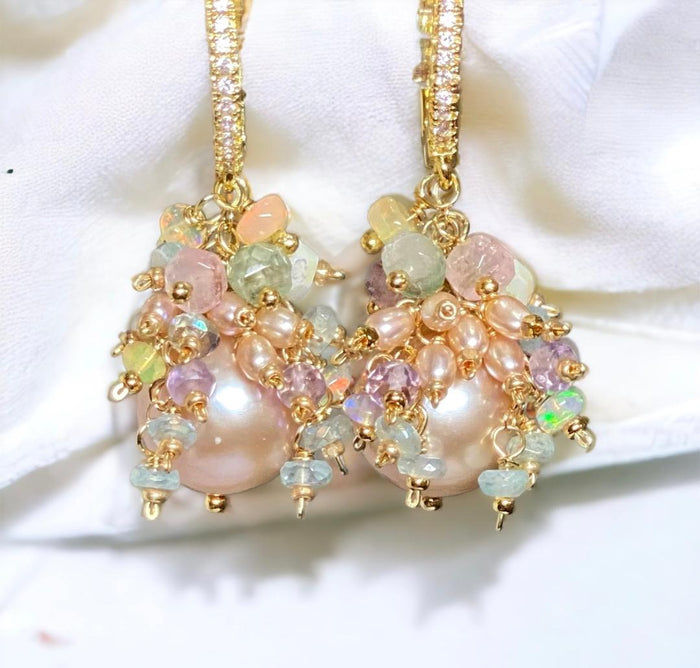 Pink Round Pearl and Gem Cluster Wedding Earrings with Tourmaline and Opals