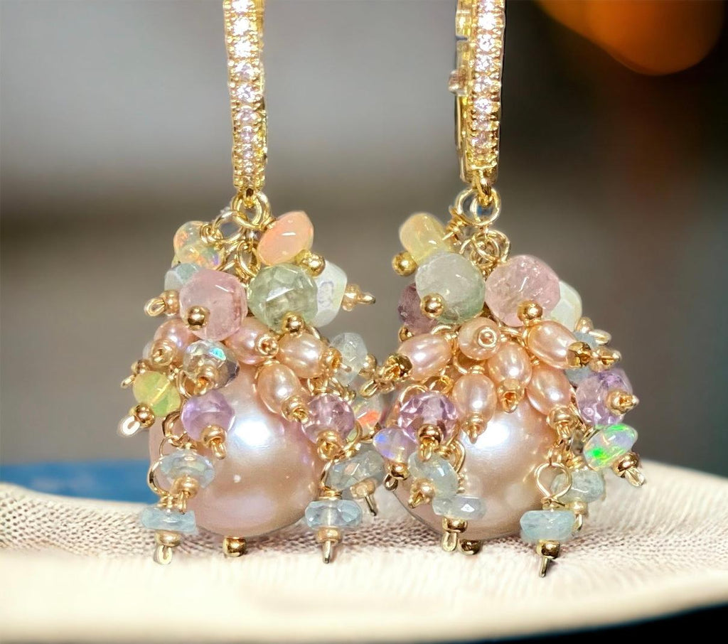 pink round pearl earrings and gem cluster wedding earrings with tourmalines and opals