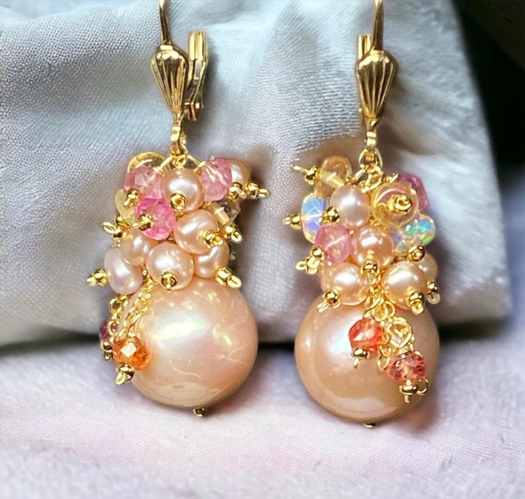 pink round pearl earrings with multicolor gemstone and pearl clusters
