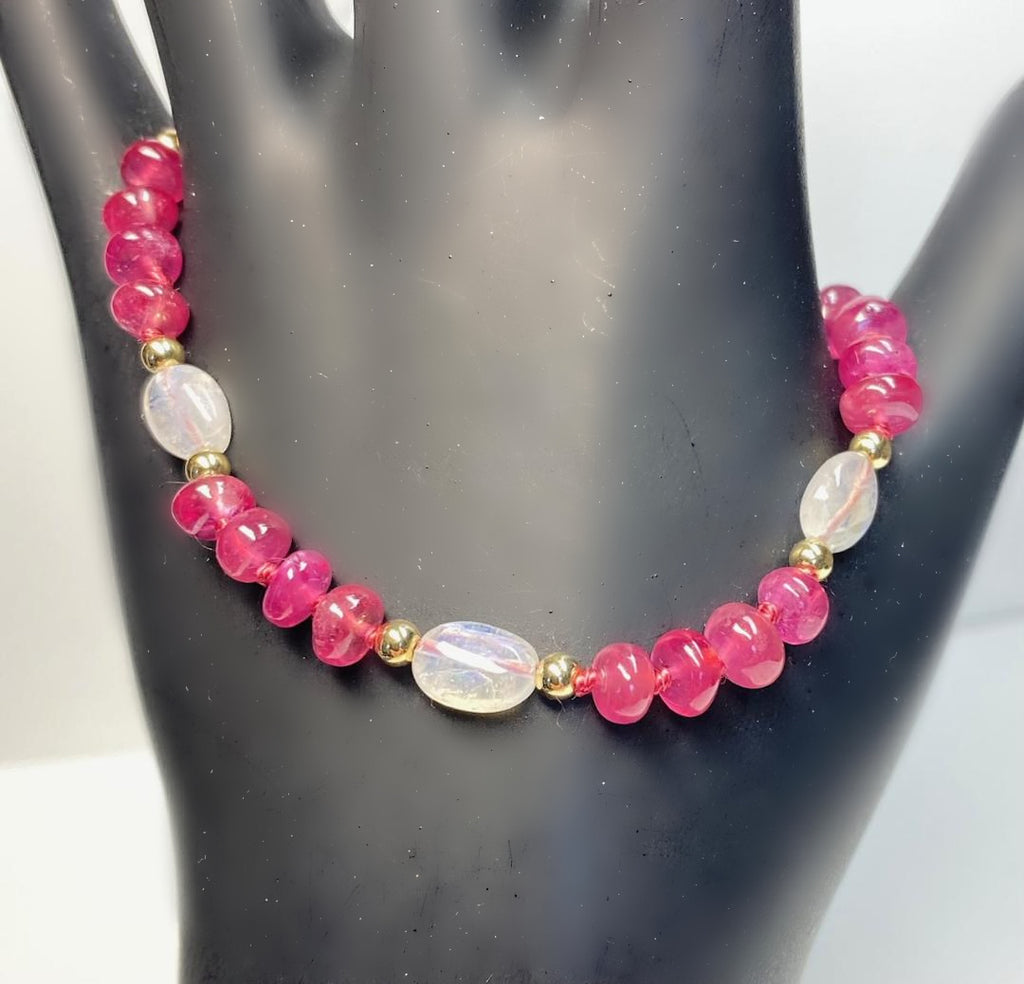 Pink Sapphire and Rainbow Moonstone Silk Knot Bracelet