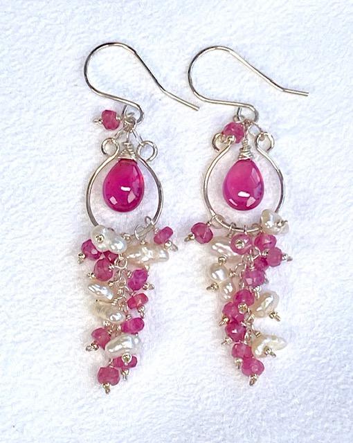 Pink Sapphire and Keishi Pearl Chandelier Hoop Earrings Sterling Silver - Doolittle