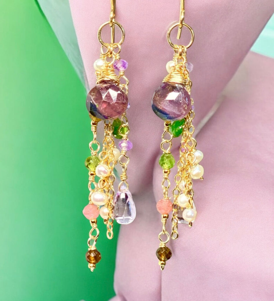 Plum Purple Tourmaline Pastel Gemstone Long Dangle Earrings 2