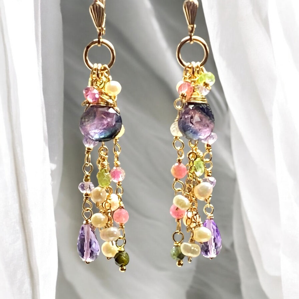 Plum Purple Tourmaline Pastel Gemstone Long Dangle Earrings 2