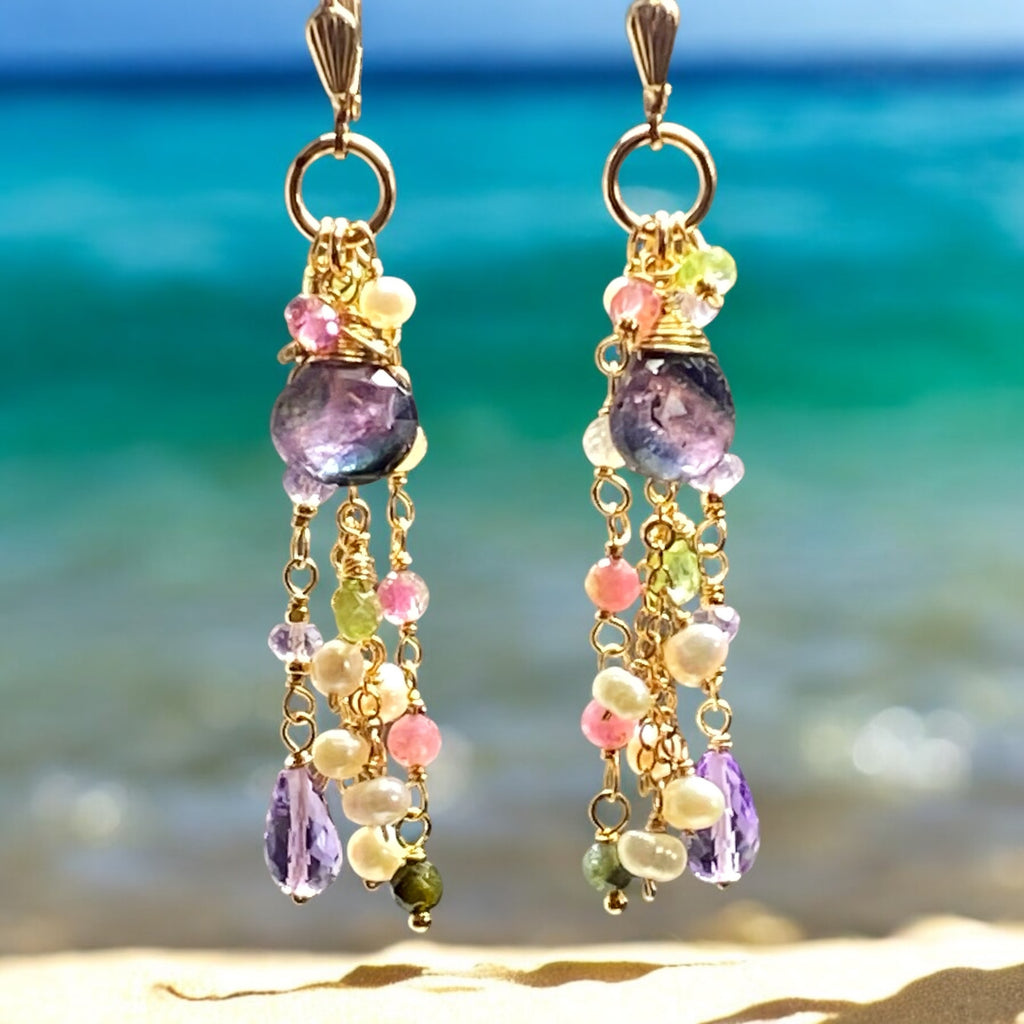 Plum Purple Tourmaline Pastel Gemstone Long Dangle Earrings 2