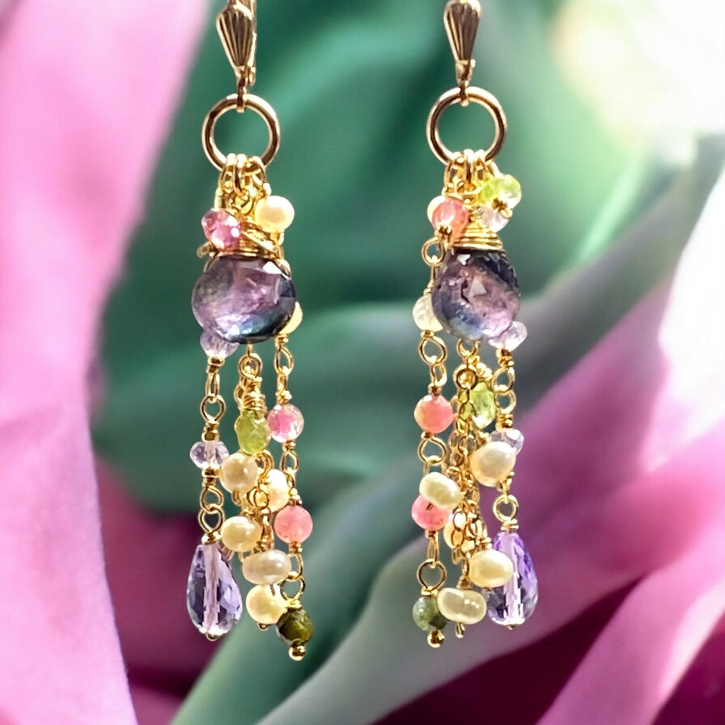 Plum Purple Tourmaline Pastel Gemstone Long Dangle Earrings 2