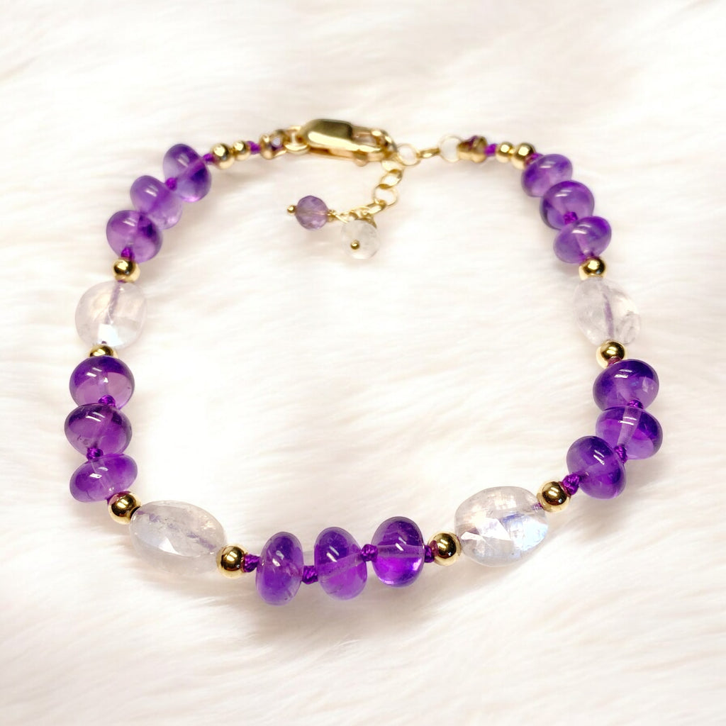 Amethyst and Rainbow Moonstone Silk Knot Bracelet Gold Fill