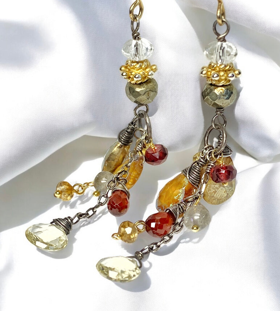 Pyrite Garnet Mixed Metal Long Dangle Earrings