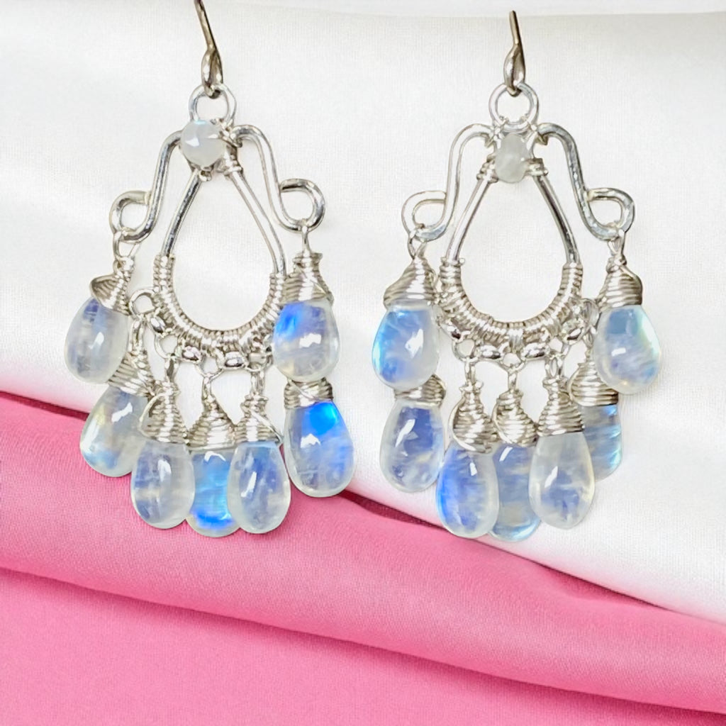 Rainbow Moonstone Sterling Silver Chandelier Statement Earrings