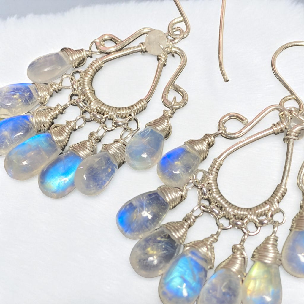 Rainbow Moonstone Sterling Silver Chandelier Statement Earrings