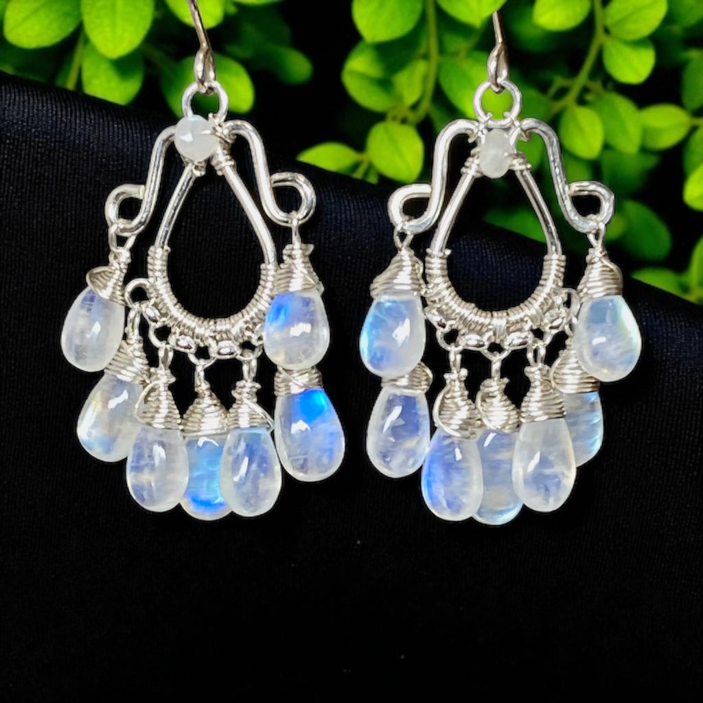 Rainbow Moonstone Sterling Silver Chandelier Statement Earrings
