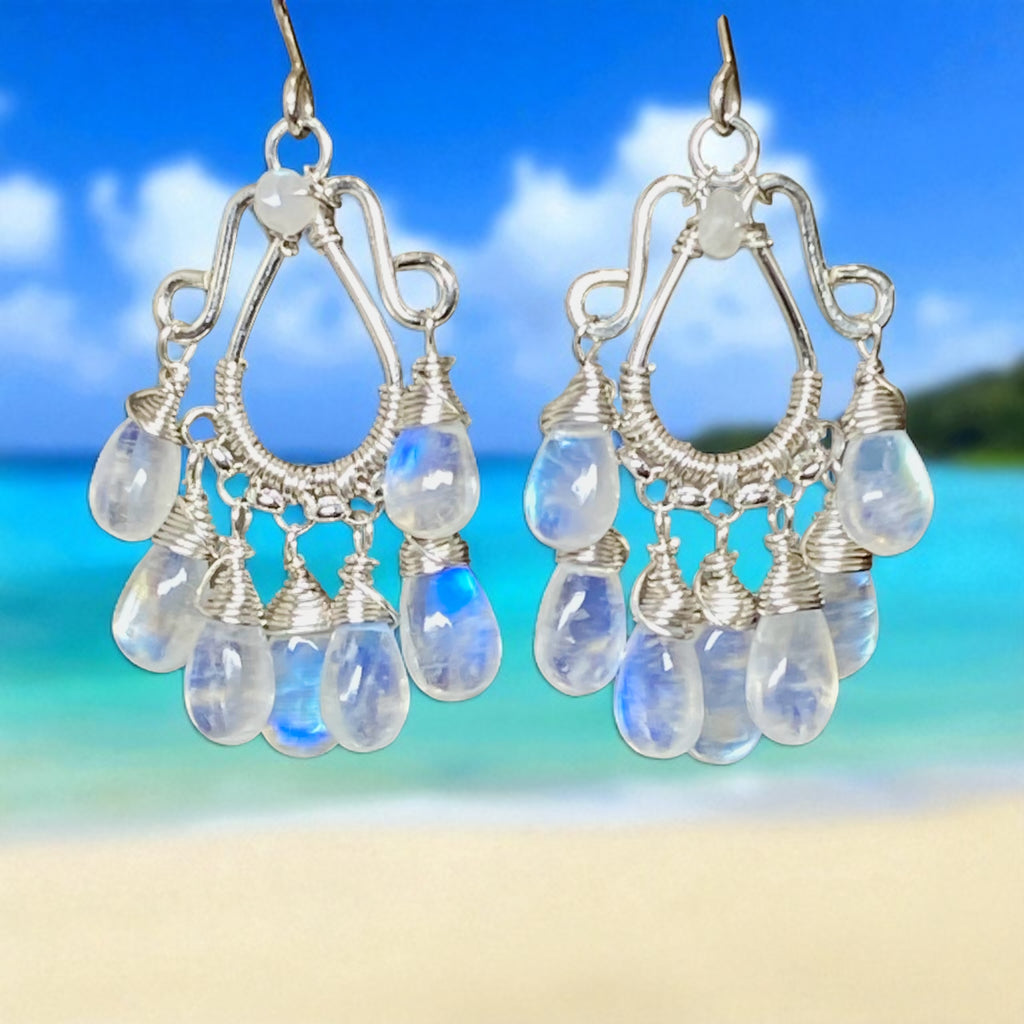 Rainbow Moonstone Sterling Silver Chandelier Statement Earrings