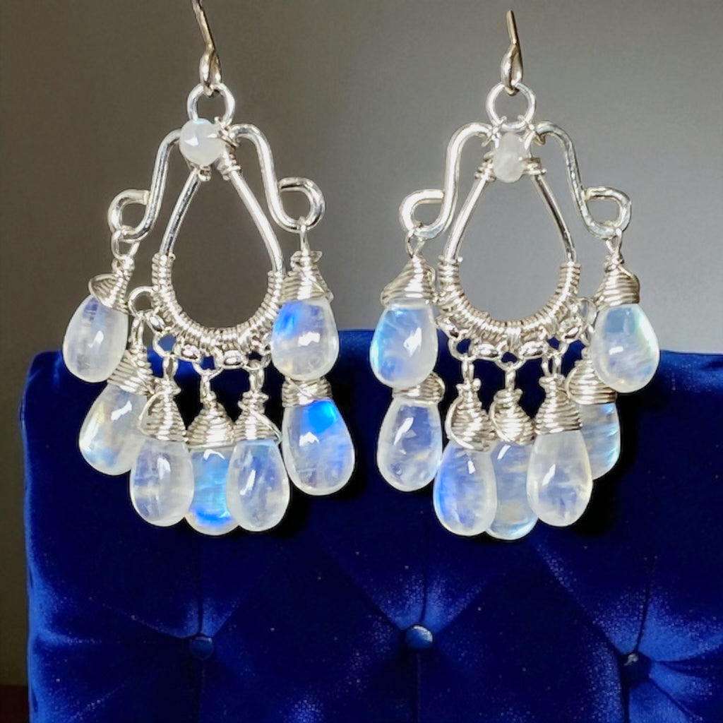 Rainbow Moonstone Sterling Silver Chandelier Statement Earrings
