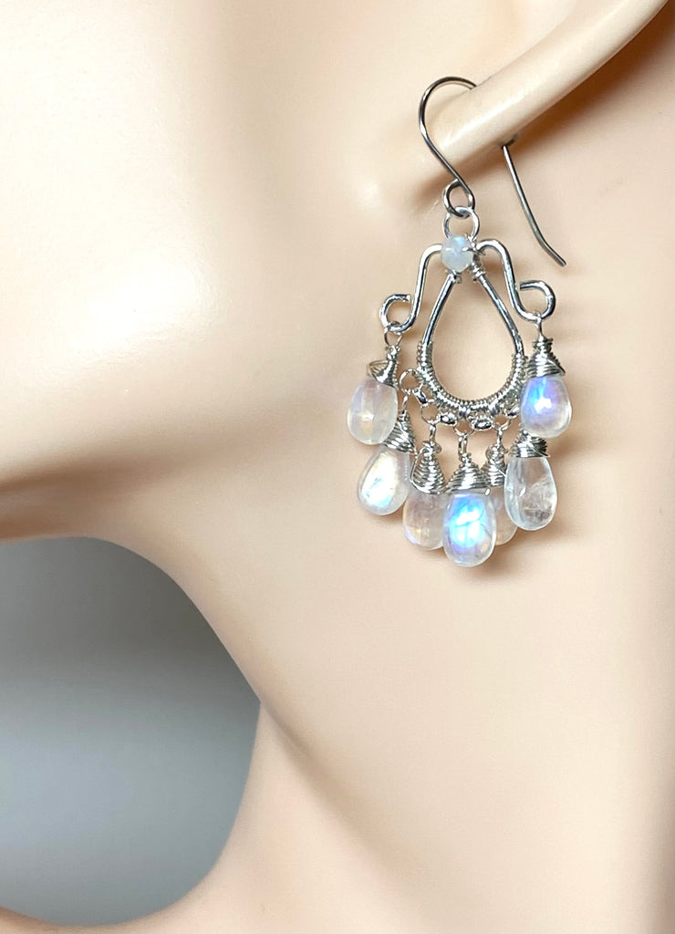 Rainbow Moonstone Sterling Silver Chandelier Statement Earrings