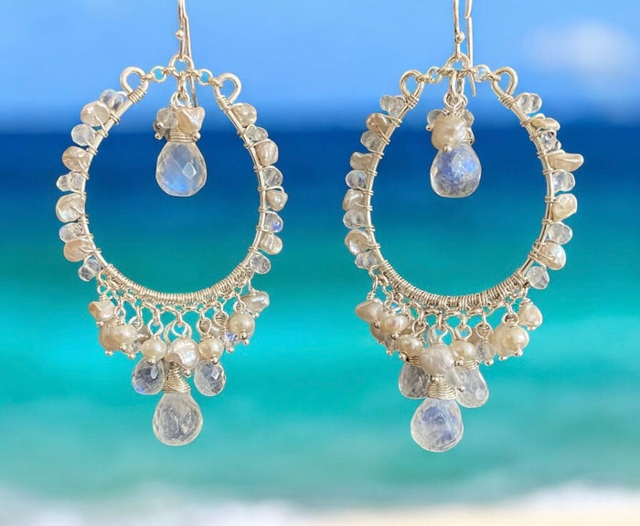 pearl and rainbow moonstone hoop chandelier earrings in sterling silver handmade
