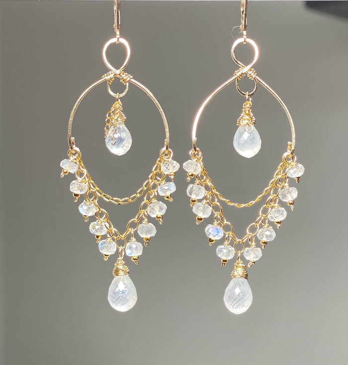 rainbow moonstone gemstone dangle chandelier earrings 14 kt gold fill