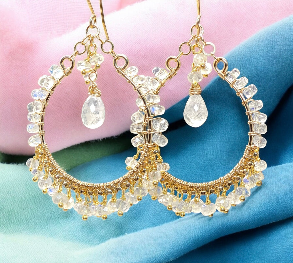 Rainbow Moonstone Gold Hoop Chandelier Earrings 3
