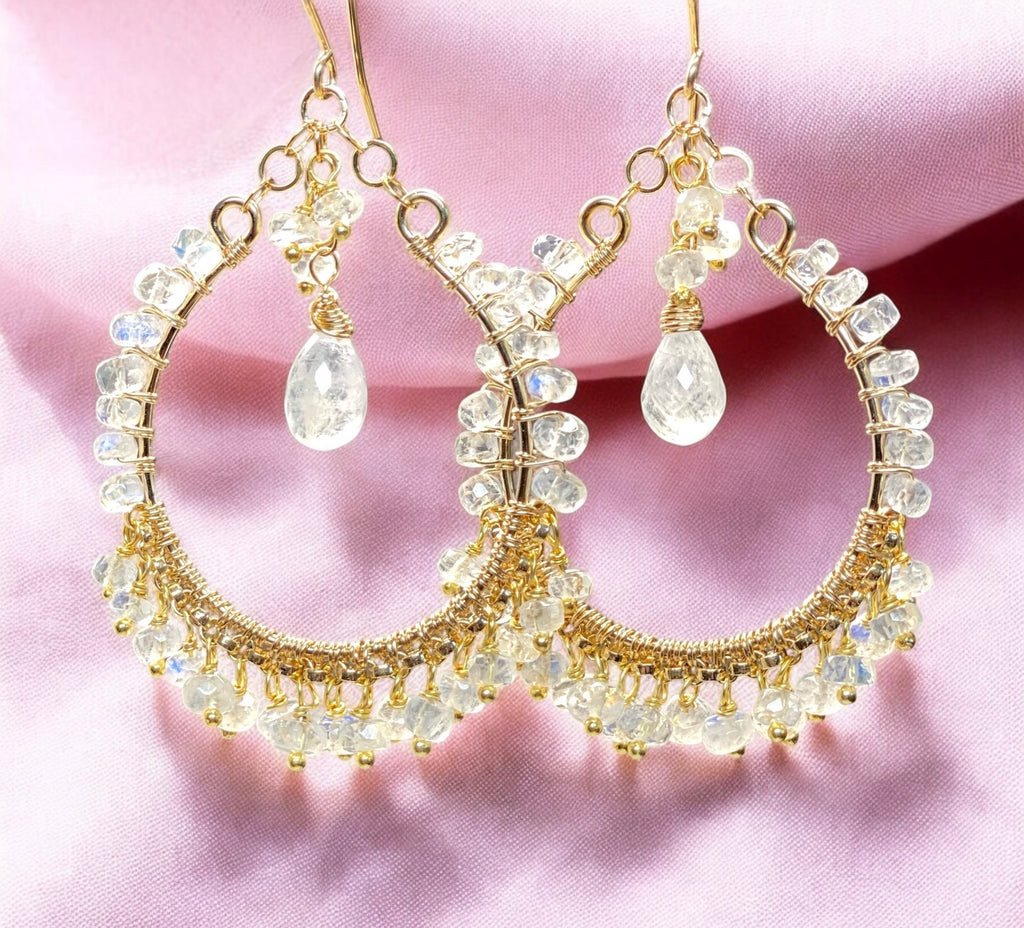 Rainbow Moonstone Gold Hoop Chandelier Earrings 3