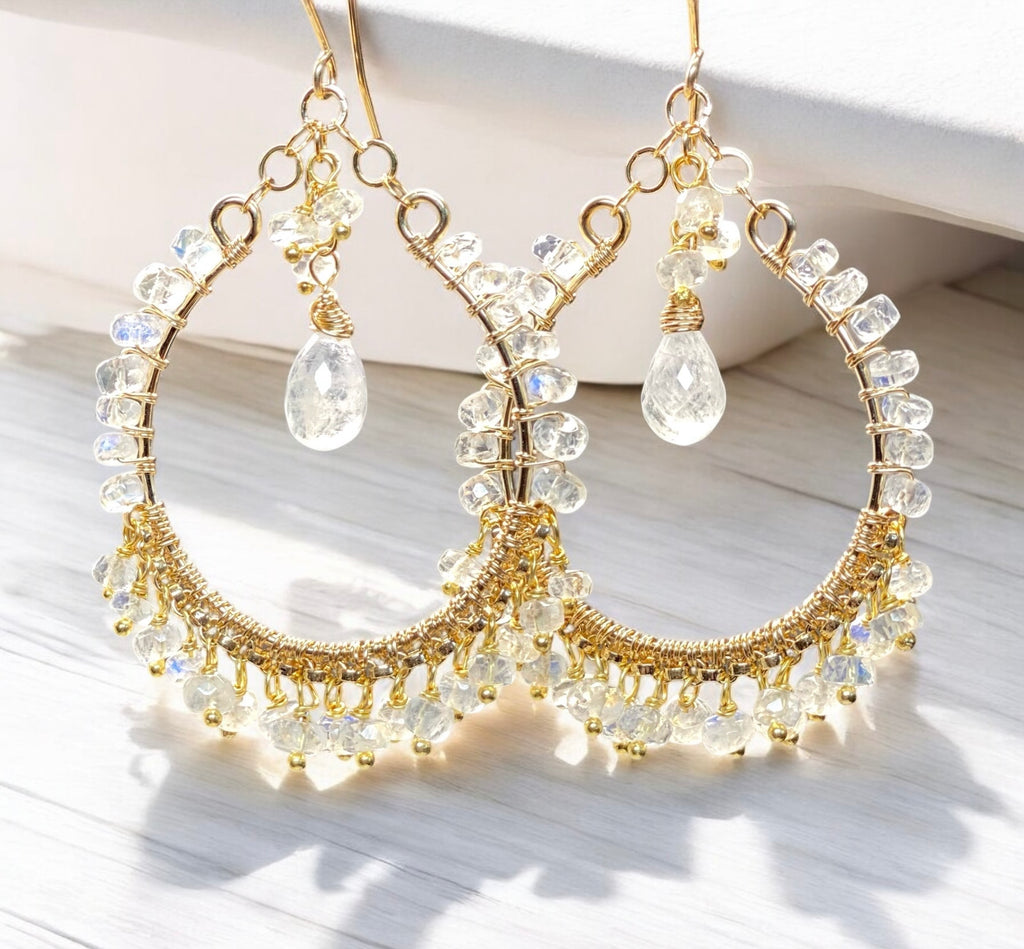 Rainbow Moonstone Gold Hoop Chandelier Earrings 3