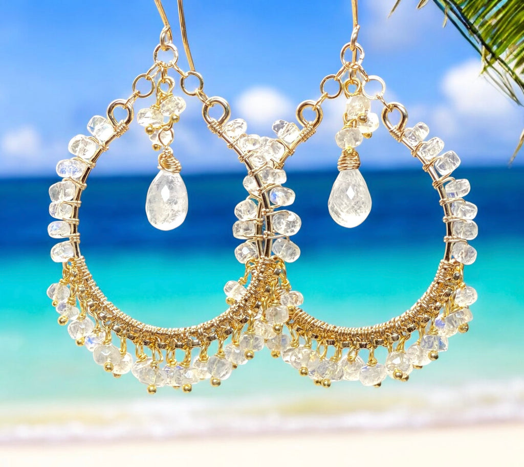 Rainbow Moonstone Gold Hoop Chandelier Earrings 3