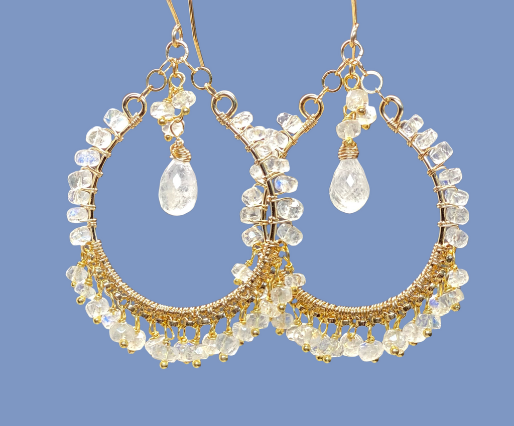 Rainbow Moonstone Gold Hoop Chandelier Earrings 3