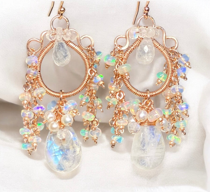 Rainbow Moonstone Opal Statement Rose Gold Chandelier Earrings Boho Bridal 2