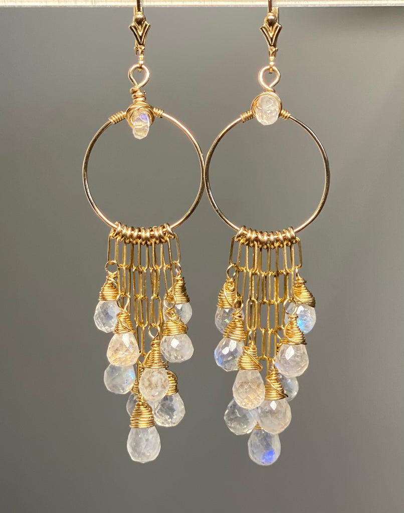 Rainbow Moonstone Gold Hoop Chandelier Earrings