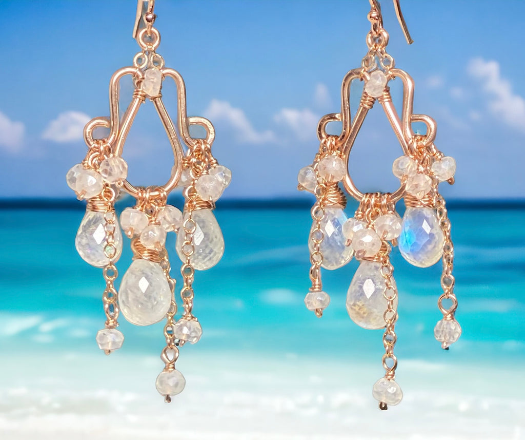 Rainbow Moonstone Rose Gold Chandelier Earrings Boho Bridal Wedding 2