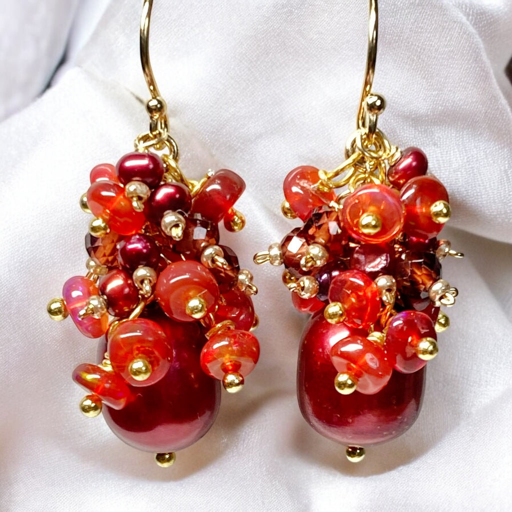 Red Freshwater Pearl Garnet and Opal Gemstone Cluster Earrings