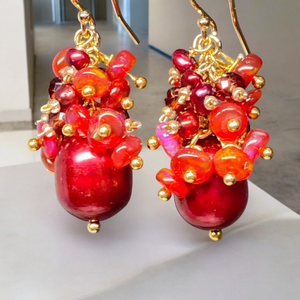 Red Freshwater Pearl Garnet and Opal Gemstone Cluster Earrings