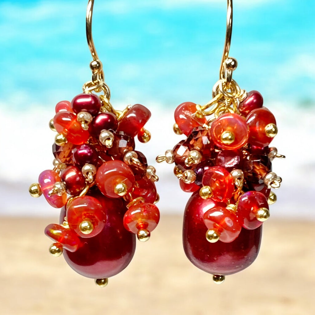 Red Freshwater Pearl Garnet and Opal Gemstone Cluster Earrings