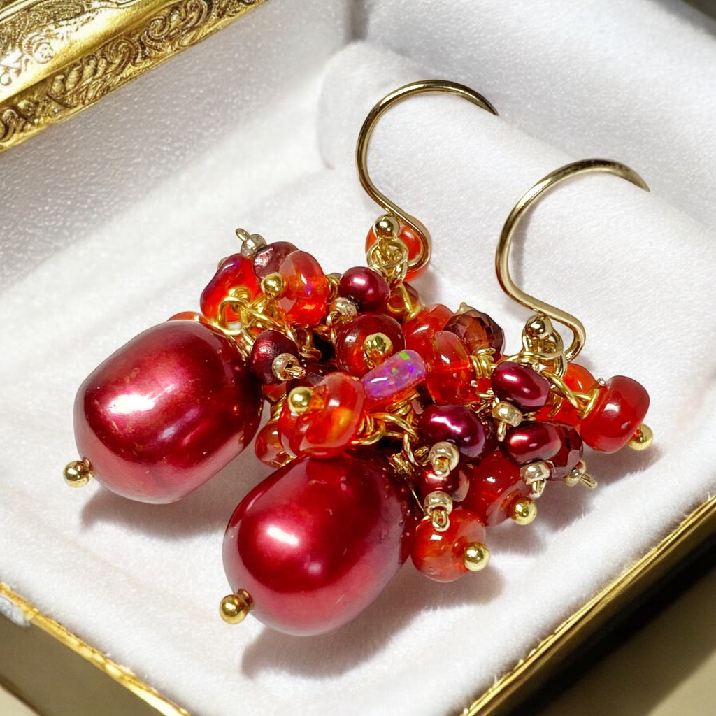 Red Freshwater Pearl Garnet and Opal Gemstone Cluster Earrings