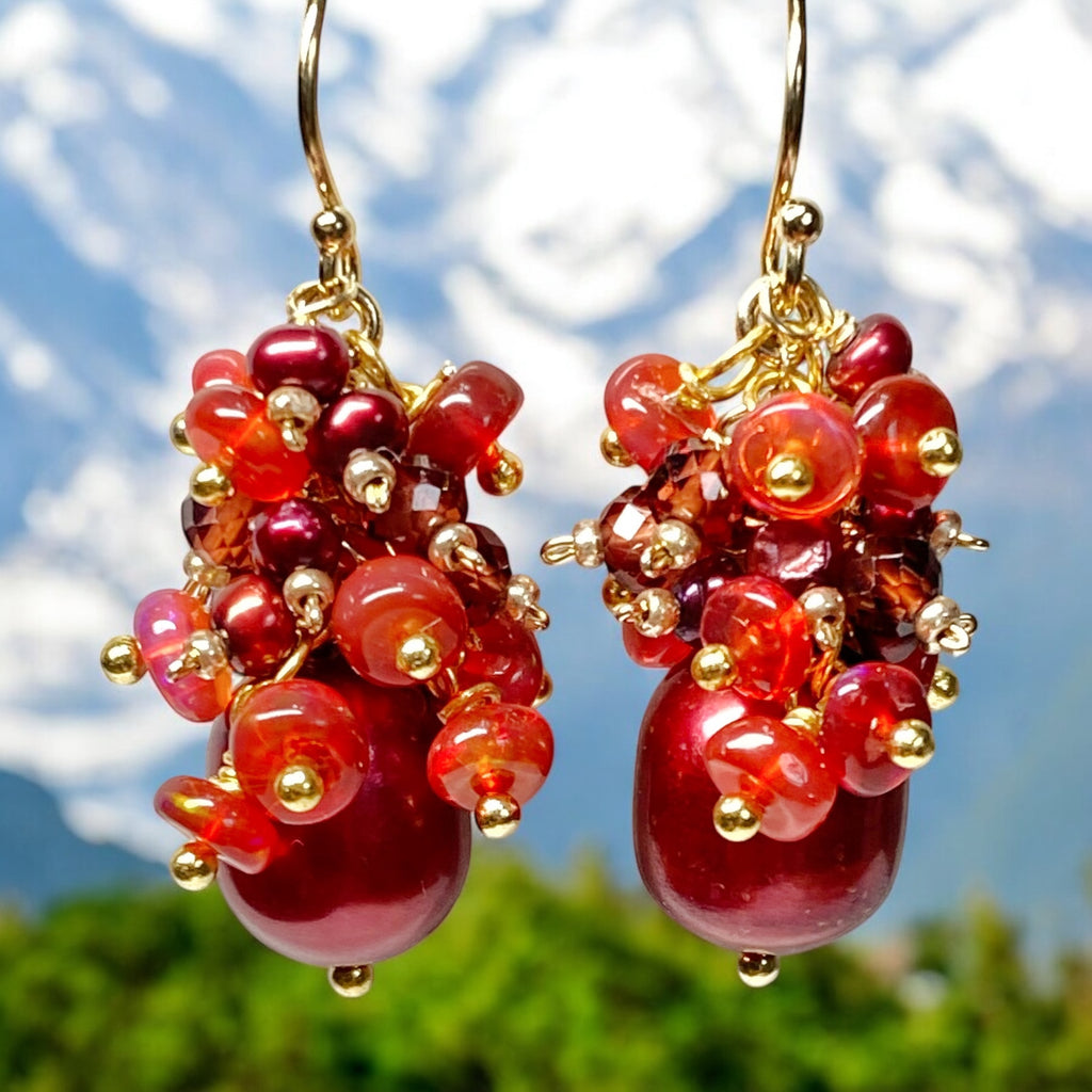 Red Freshwater Pearl Garnet and Opal Gemstone Cluster Earrings