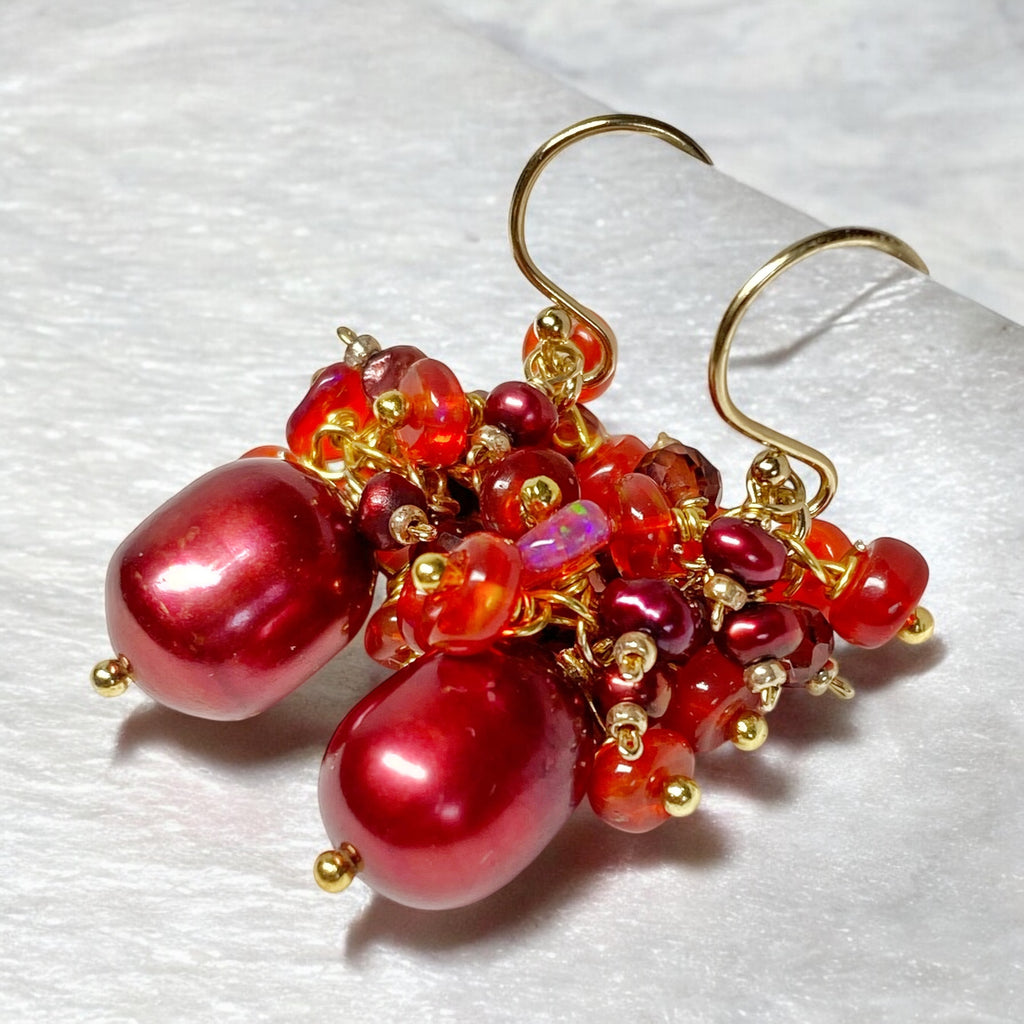 Red Freshwater Pearl Garnet and Opal Gemstone Cluster Earrings