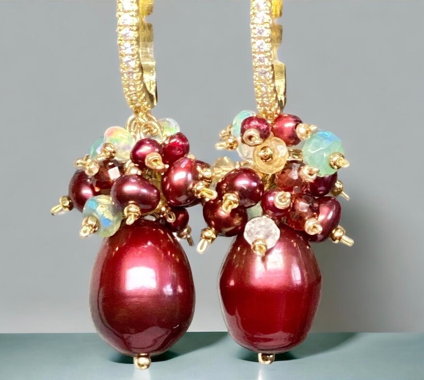 Red Pearl Gemstone Cluster Earrings, Gold Fill