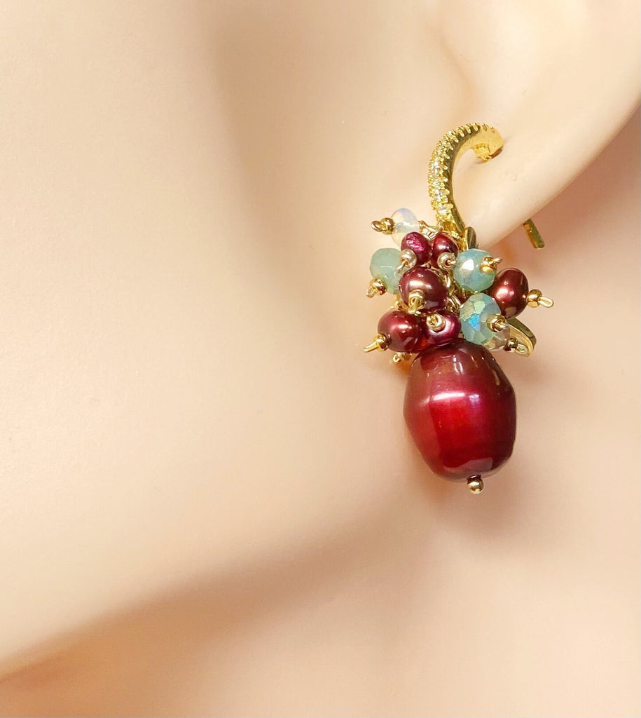 Red Pearl Gemstone Cluster Earrings, Gold Fill