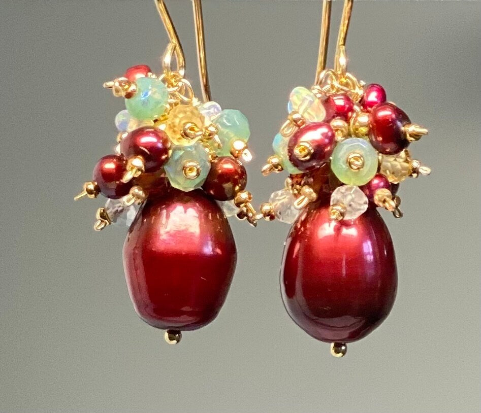 Red Pearl Gemstone Cluster Earrings, Gold Fill