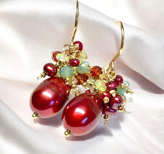 Red Pearl Gemstone Cluster Earrings, Gold Fill